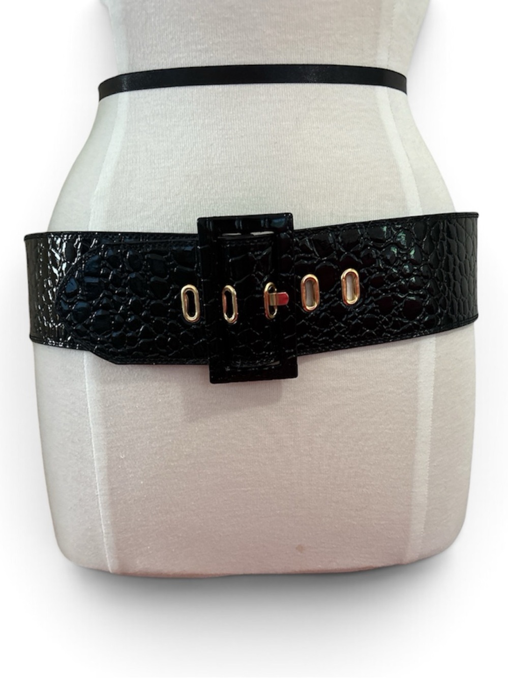 Wide Black Croc-Embossed Waist Belt with Gold-Tone Eyelets